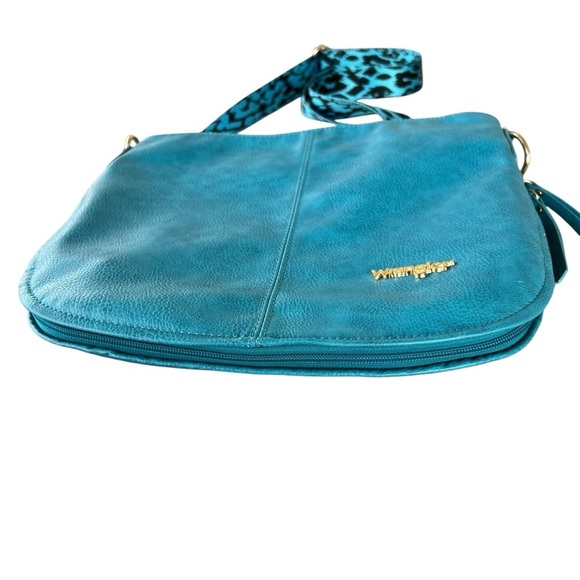 Wrangler Large Pebbled Crossbody Bag Leopard Guitar Strap Turquoise Black 14x12 - Picture 7 of 16